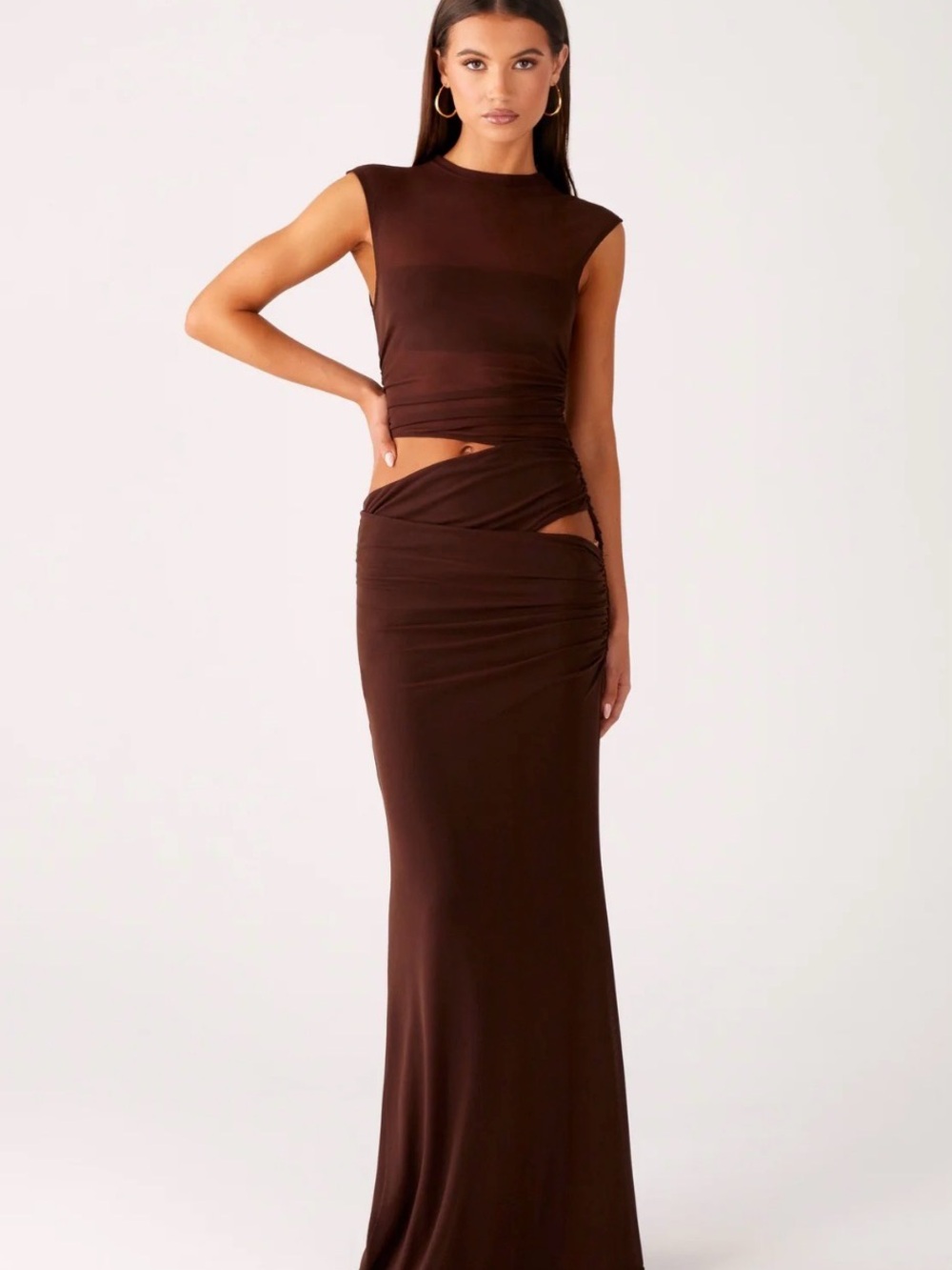 Peppermayo Brown Sleeveless Cutout Maxi Dress